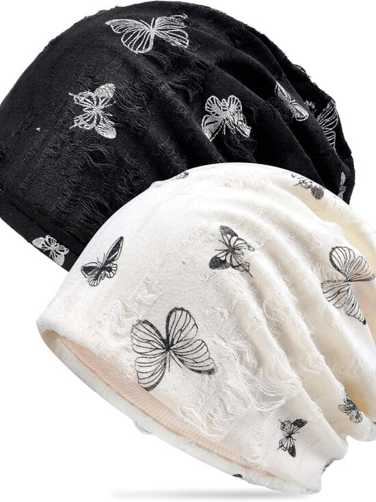 Women's Summer Beanie Boho Hats Adult Dwarf Hats Chemo Cap Pack Of 2 Butterfly - Picture 3 of 6